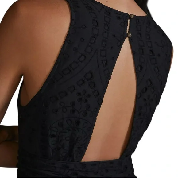 Anthropologie Maeve Eyelet Faux Wrap Midi Dress Size 10 Black Self Tie Belt - Picture 4 of 14